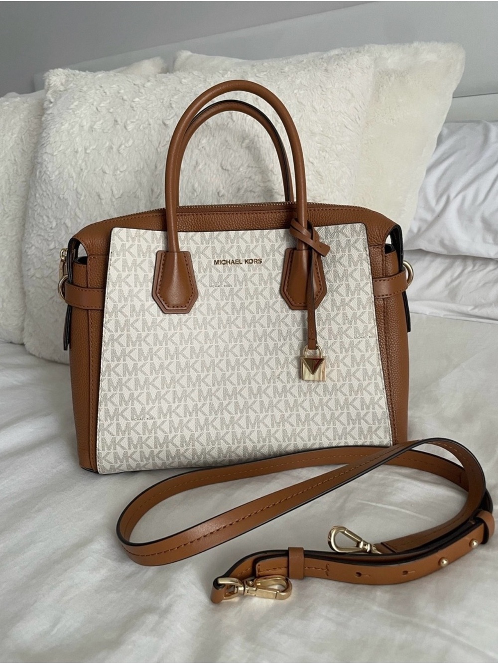 Michael Kors Cream Signature Canvas Satchel with Brown Leather Trim